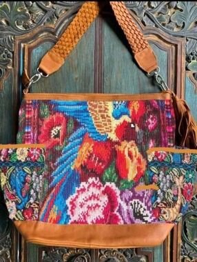 Handwoven Multi-Color Floral & Parrot Shoulder Bag with Tan Trim